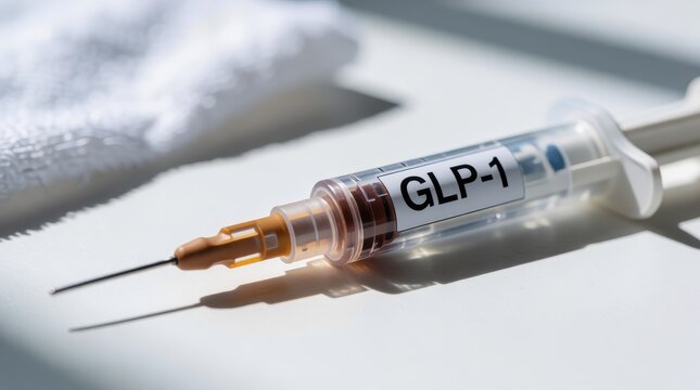 Close up medical syringe labeled glp 1 against clean clinical background with soft lighting