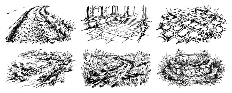 Landscape elements collection with stone path well river and garden steps in ink sketch style