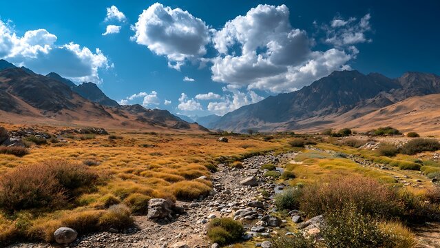 Stunning high altitude mountain valley with rocky creek bed and golden grasses under a vibrant blue sky.