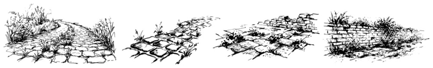 Obraz premium Landscape elements including cobblestone paths and rustic stone walls in ink sketch style