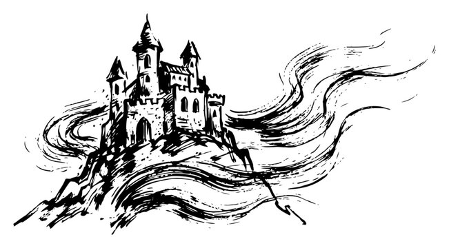 Gothic castle on rocky hill surrounded by swirling mist in hand drawn ink sketch style