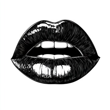 Glossy black and white lips illustration with open mouth.
