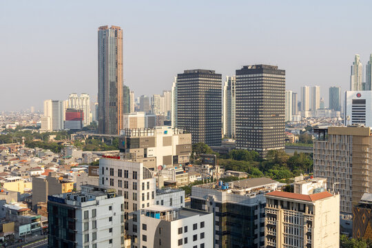 The skyline of Jakarta in the evening, viewed from a high-rise building