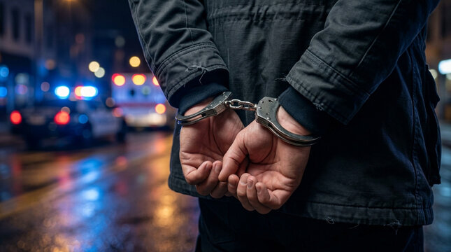 Criminal arrested, hands cuffed, police car with lights in background at night