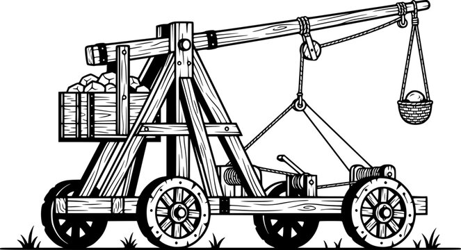 Medieval trebuchet catapult with basket on wheels in a flat illustration style
