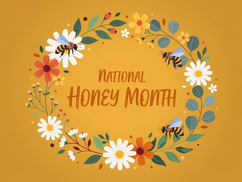 National Honey Month Banner with Floral Wreath and Honeybees
