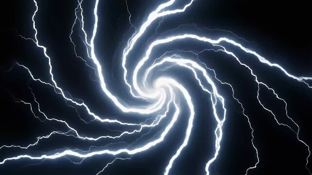 Bright white electrical bolts spiral inward against a deep black background.