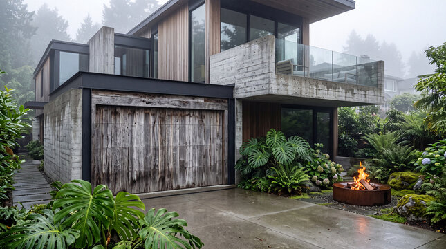 modern luxury concrete and wood house with fire pit in misty forest
