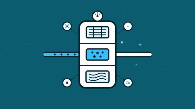 Abstract illustration of a multi-component system or machine with various sensor icons for measurement and control, set against a teal background.