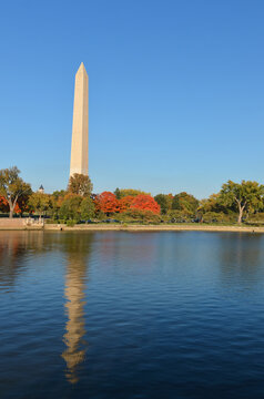 Washington Monument as seen from Tidal Basin in autumn - Washington DC United States of America