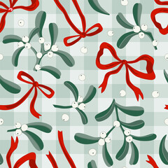 Obraz premium Mistletoe branches and red bows cute vector seamless pattern on gingham background. Christmas background for fabric, wallpaper, packaging, textile, design