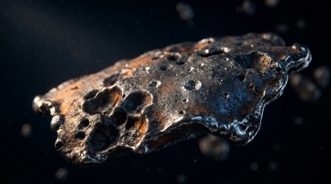 Close-up of irregular metallic asteroid fragment with deep pits