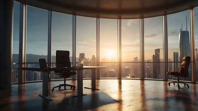 Empty Executive Office with Curved Windows and Backlit Sunset Skyline Silhouette