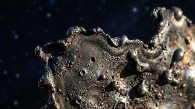 Iridescent pitted metal fragment of space debris under starlight