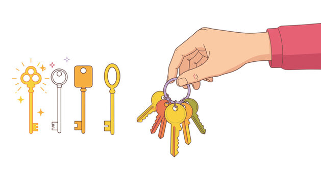 Human hand holding a ring with various keys for home security concept