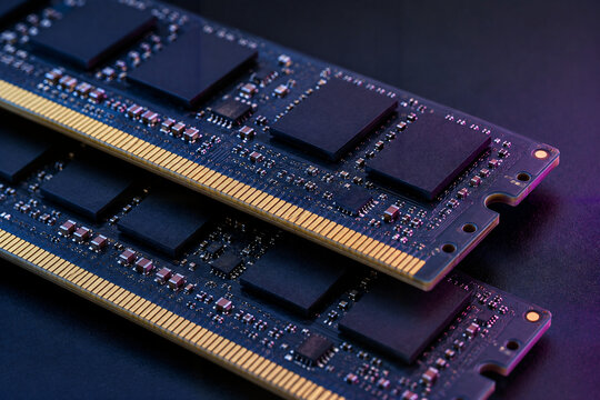 Electronic DDR random access memory stick on dark background, high tech computer technology concept
