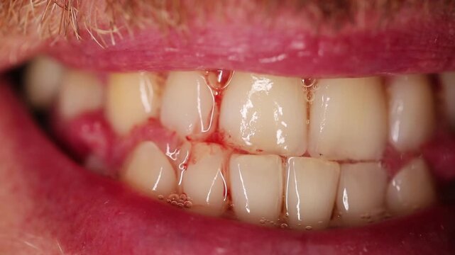 Dentistry, bleeding gums near a tooth, sore gums, macro, bleeding from a tooth