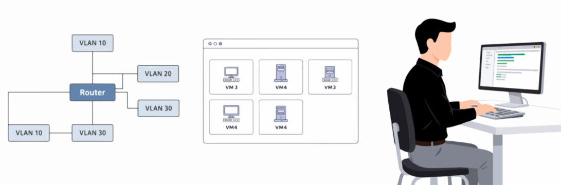 Network administrator managing VLANs and virtual machines in data center
