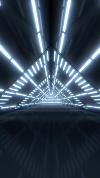 Dark Futuristic Triangle Neon Tunnel Loop Background with Blue Lights, Sci-Fi Infinite Corridor 4K
