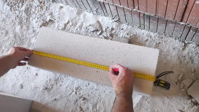 Construction worker measuring aerated concrete blocks with a tape measure on a building site before laying interior partition walls. Close-up of precise construction measurements during masonry work 