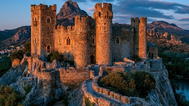 Medieval stone castle on rocky hill with mountain background during sunset
