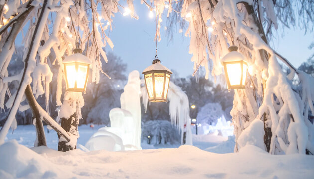 Winter snow lantern ice sculpture light holiday tree glowing frozen