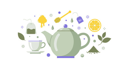 Fototapeta premium Flat Vector Tea Ceremony Set with Teapot, Cup, Honey, Lemon, and Tea Bags