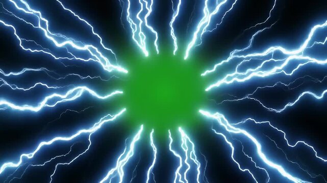 Bright blue lightning bolts radiate outward from a central green glowing circle.
