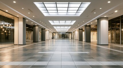 Naklejka premium Modern Empty Shopping Mall Interior with Bright Lighting and Spacious Design