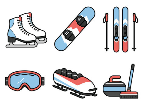 Winter Sports Equipment Collection Flat Icons.
