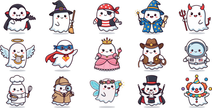 Halloween Kawaii Ghost Character Vector Set with Various Costumes and Outfits