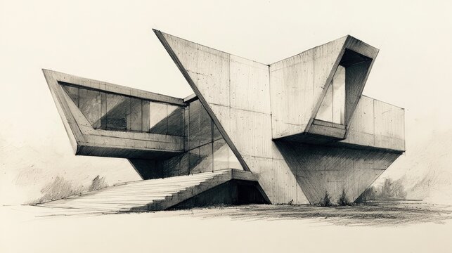 Modern Brutalist Concrete Building with Sharp Angles and Unique Design