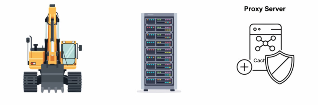 Construction excavator, server rack, and proxy server security illustration