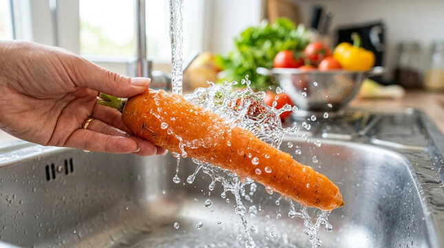 Washing fresh carrot under running water in kitchen sink, healthy food preparation