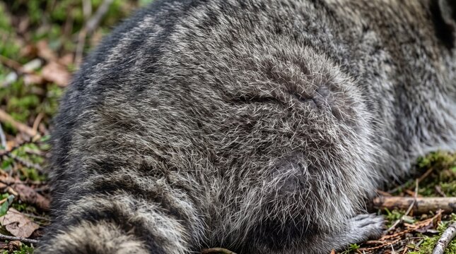 Close up of raccoon fur texture. Detailed macro shot of wild animal hair in nature.