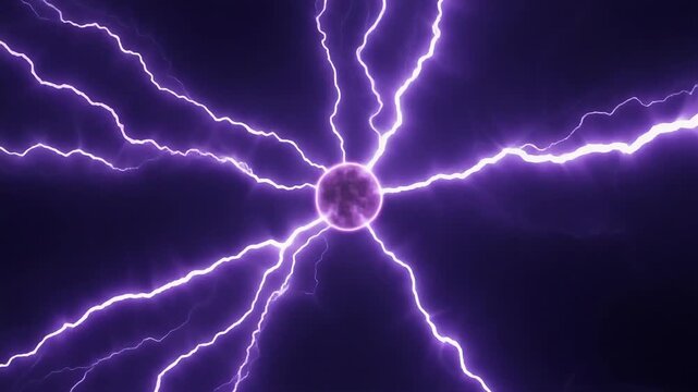 Bright purple electrical plasma bolts radiate outward from a central glowing sphere.