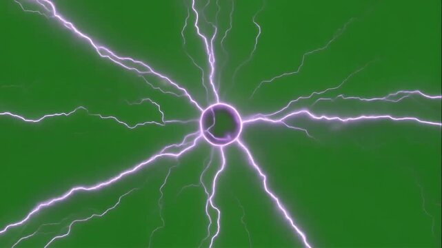 Bright purple electrical plasma bolts radiate outward from a central point against a green.