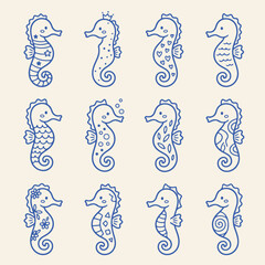 Set of cute doodle seahorse icons with seahorse creature underwater collection wildlife illustration stylized minimalist children nautical creatures undersea background elements isolated © Suriya