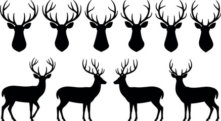 Deer Silhouette Vector Set with Antlers Stag Horns and Reindeer Head Elements for Wildlife and Christmas Design © Sabetree