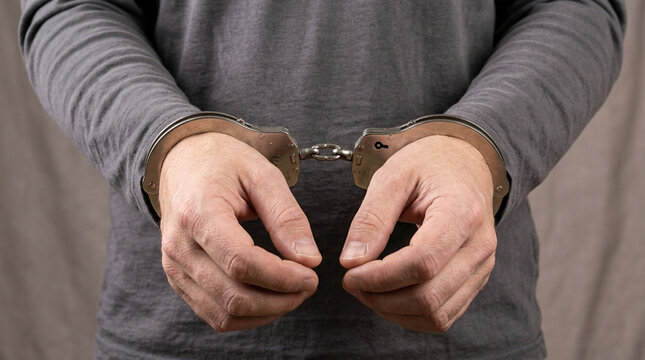 Hands with handcuffs, symbolizing arrest, crime, and justice, close-up
