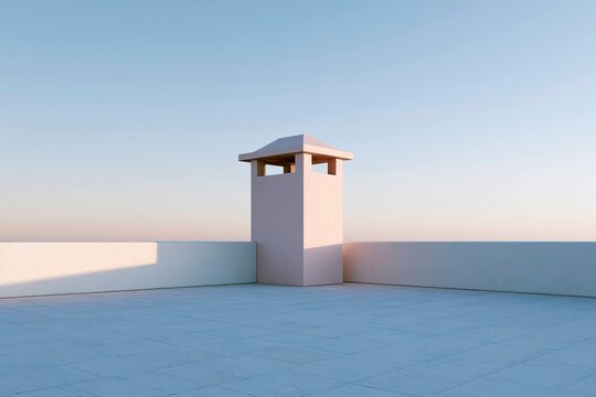 Modern white rooftop with chimney and clear blue sky in minimalist architectural style