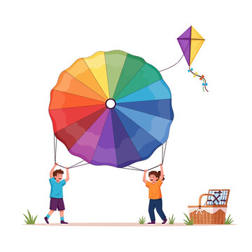 Children Playing with Colorful Parachute and Kite Outdoors