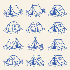 Set of hand drawn camping tent icons in blue sketch style with outdoor gear adventure collection equipment vacation recreation illustration mountain expedition lifestyle isolated campground © Suriya
