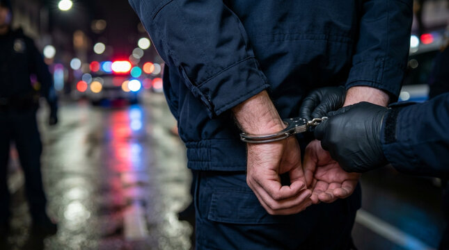 Man arrested and handcuffed by police on wet street at night