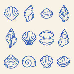 Assorted seashell collection blue hand drawn graphic icons with seashell nautical handdrawn illustration collection vacation decoration underwater © Suriya