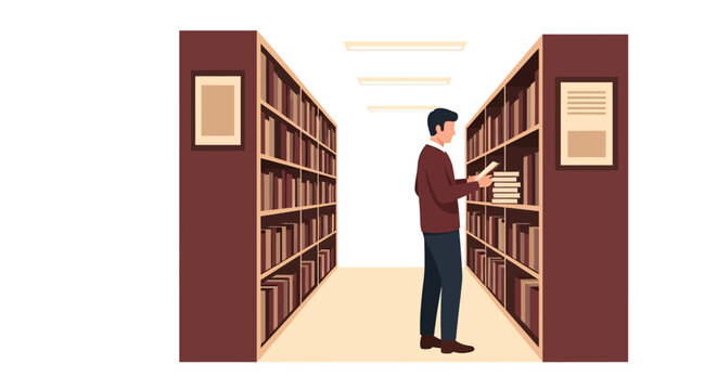 Man reading book in a library with tall bookshelves, flat vector illustration. Male student studying or searching for information in a bookstore, archive, or library interior.