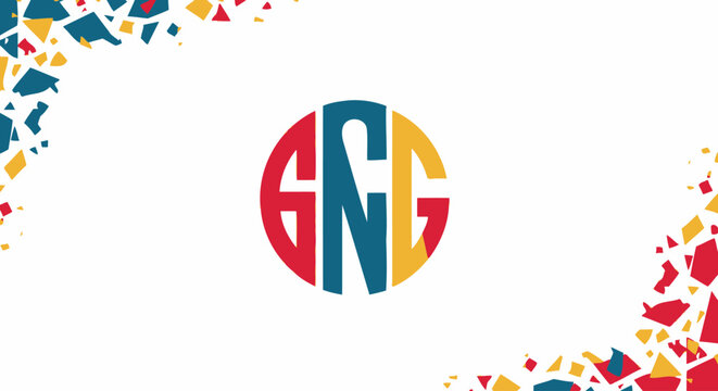 Abstract GNC circular monogram logo on colorful confetti background.