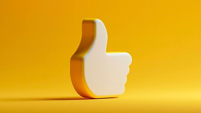 Modern white thumbs-up icon 3D model on yellow background for positive feedback
