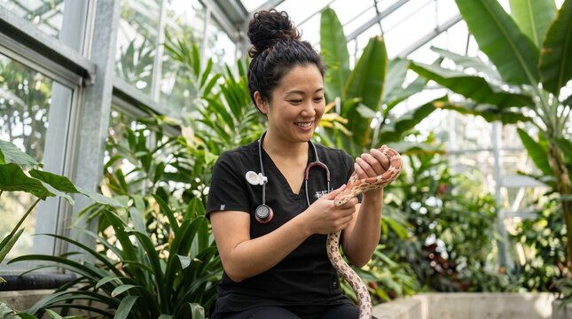 Smiling Asian female veterinarian in black scrubs holding a corn snake in a lush tropical greenhouse