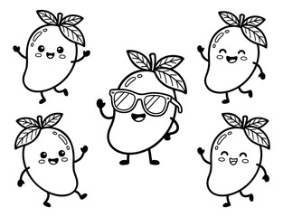 Fototapeta premium Cartoon icon set of 5 cute mango characters featuring kawaii expressions and sunglasses for tropical fruit design